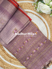 LENIN TISSUE EMBROIDERY WORK SAREE DUSTY ROSE PINK