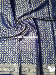 MAYA BANARASI CREPE PLAIN BODY GOLD JARI BORDER SAREE NAVY BLUE