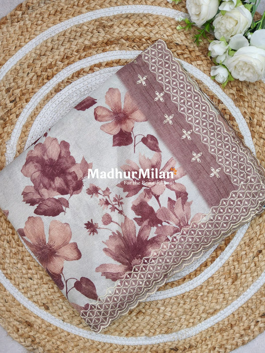FLORAL TISSUE SAREE DUSTY BROWN
