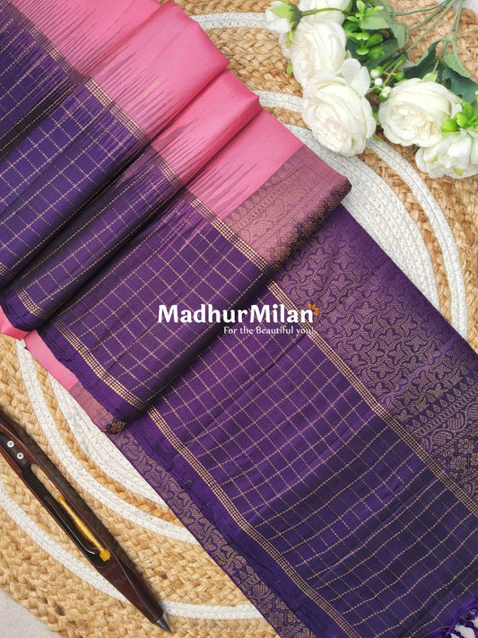 CHECKS BORDER BUTTA SOFT SILK SAREE ROSE PINK PURPLE
