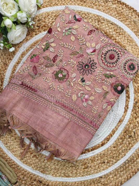 LENIN TISSUE EMBROIDERY WORK SAREE DUSTY PINK