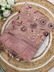 LENIN TISSUE EMBROIDERY WORK SAREE DUSTY PINK