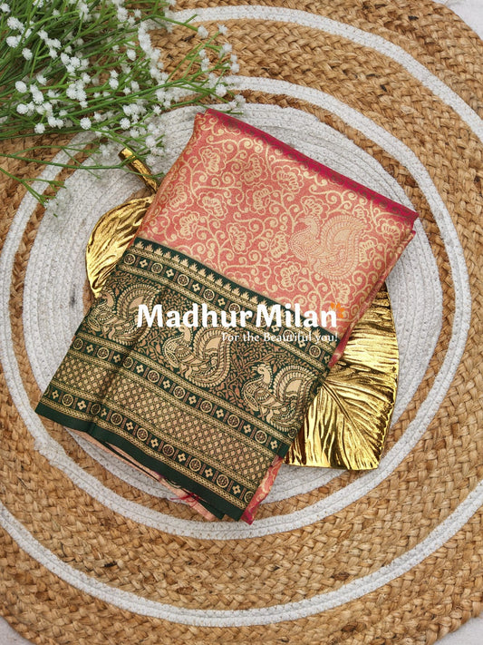 APSARA TISSUE SILK SAREE GOLDEN PINK GREEN