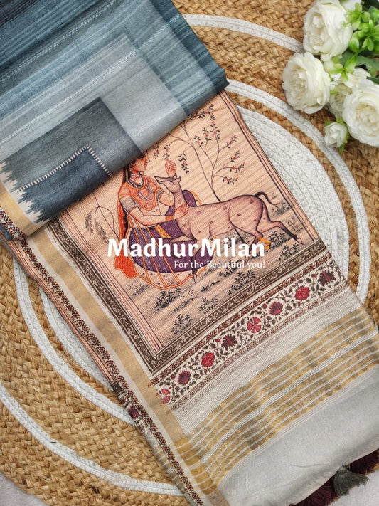 SEMI TUSSAR KALAMKARI PALLU SAREE DUSTY RAMA