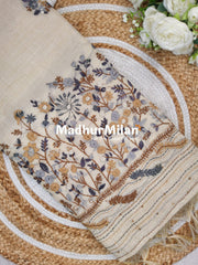 LENIN TISSUE EMBROIDERY WORK SAREE CREAM BROWN