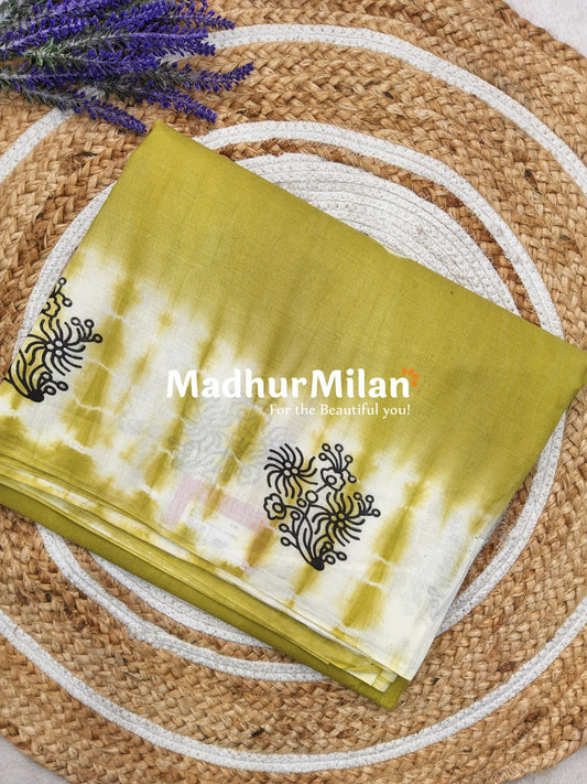 CHUNADI BLOCK PRINTED COTTON SAREE LEMON GREEN