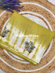 CHUNADI BLOCK PRINTED COTTON SAREE LEMON GREEN