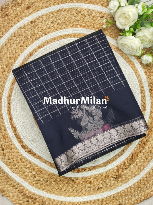 KOVAI MULTY CHECKS BUTTA BORDER SILK COTTON SAREE NAVY BLUE