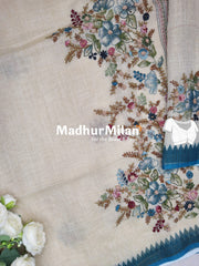 LENIN TISSUE EMBROIDERY WORK SAREE CREAM RAMA