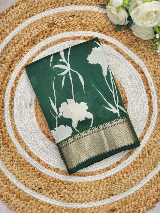 FLORAL PRINT ASSAM SILK SAREE WHITE DEEP GREEN