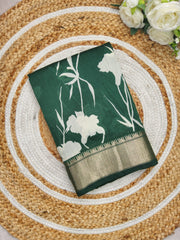 FLORAL PRINT ASSAM SILK SAREE WHITE DEEP GREEN