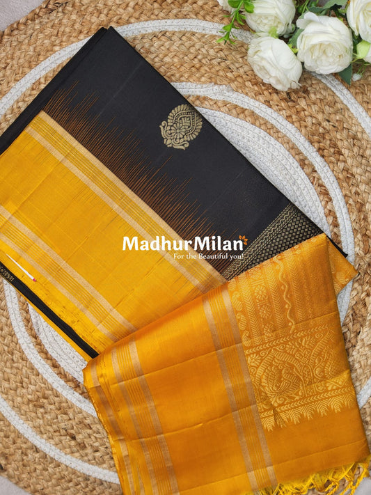 STRIPES BORDER BUTTA SOFT SILK SAREE BLACK YELLOW
