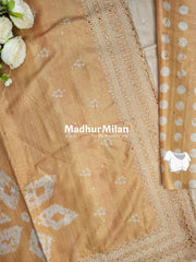 SHIBORI PRINTED BORDER EMBRIODERY SEMI TUSSER SAREE YELLOW