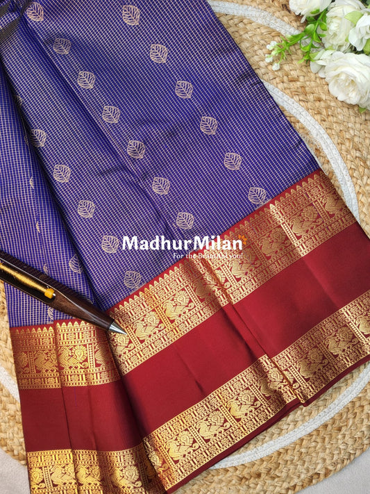 KANCHI CHECKS BUTTA BENTEX BORDER SAREE NAVYBLUE MAROON