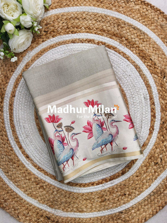 TORA SILK SATIN PRINTED BORDER SAREE LIGHT GREY