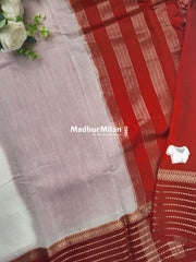 8 LINE BORDER ASSAM SILK SAREE WHITE RED