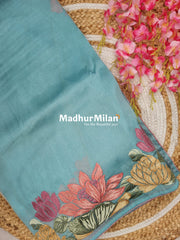 FLOWER EMBROIDERY TISSUE ORGANZA SAREE FIROZI BLUE