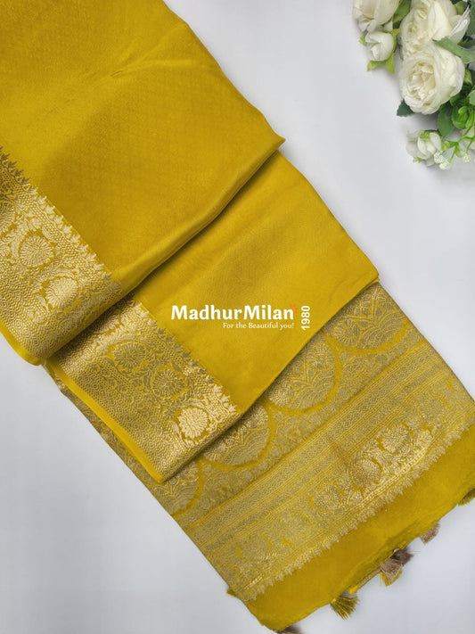 BANARASI RUSSIAN CREPE SAREE LEMON YELLOW