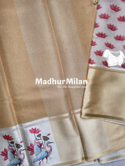 TORA SILK SATIN PRINTED BORDER SAREE DUSTY YELLOW