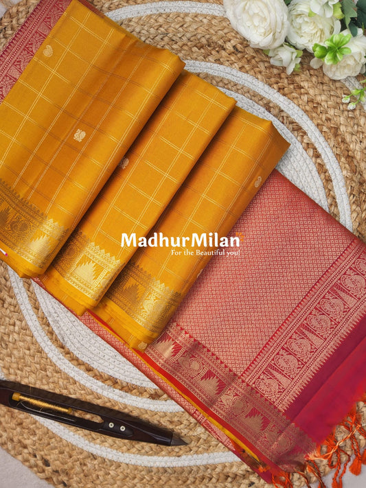 CHECKS BUTTA BORDER SOFT SILK SAREE YELLOW PEACH