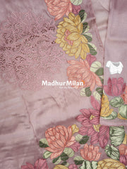 FLOWER EMBROIDERY TISSUE ORGANZA SAREE ROSE PINK