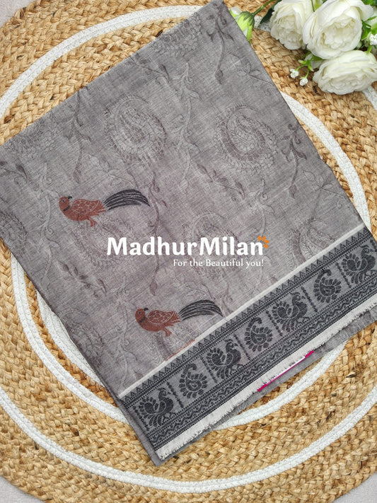 SUTI PARROT WEAVING BORDER COTTON SAREE BROWN