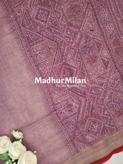 LENIN TISSUE EMBROIDERY WORK SAREE DUSTY ROSE PINK