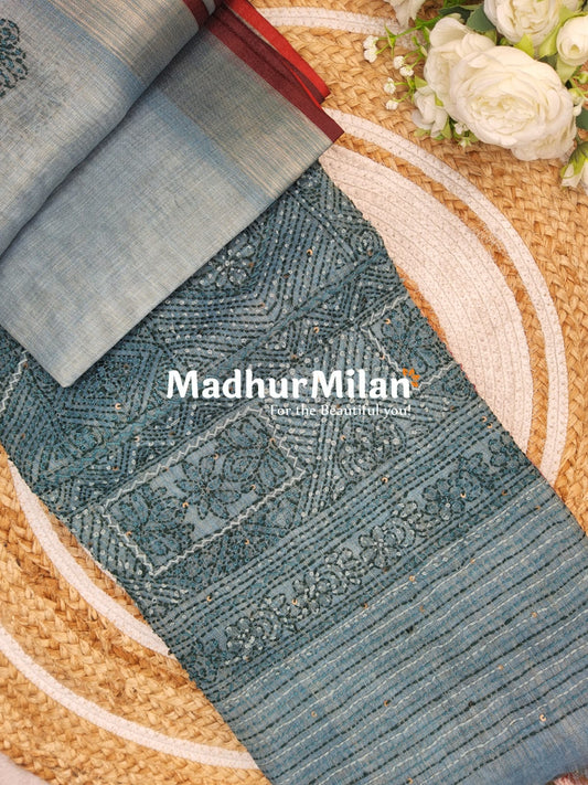 LENIN TISSUE EMBROIDERY WORK SAREE STEEL BLUE GREY