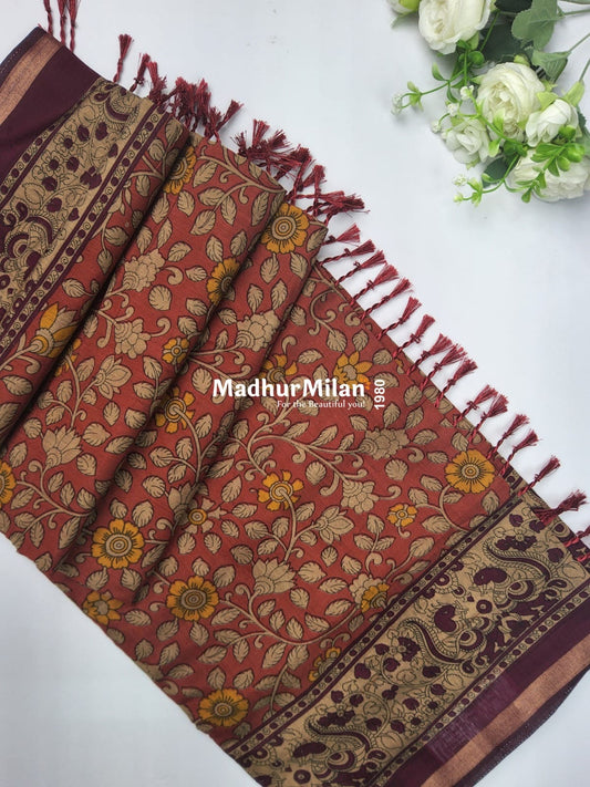 KALAMKARI PRINT KAJU SILK SAREE ORANGE