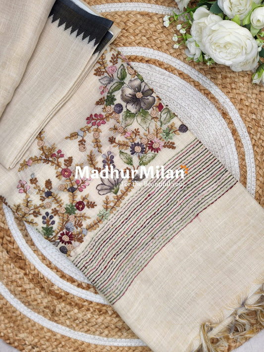 LENIN TISSUE EMBROIDERY WORK SAREE CREAM GREY