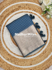 ASSAM SILK MINI CHECKS 7INCH BORDER SAREE DEEP STONE BLUE