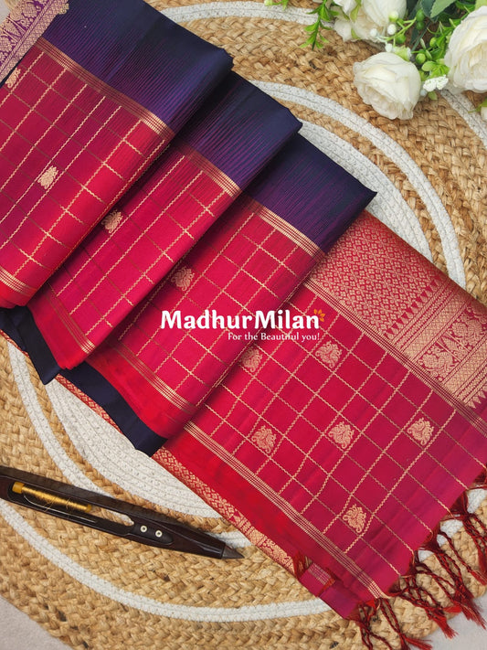 CHECKS BUTTA BORDER SOFT SILK SAREE NAVY BLUE PINK