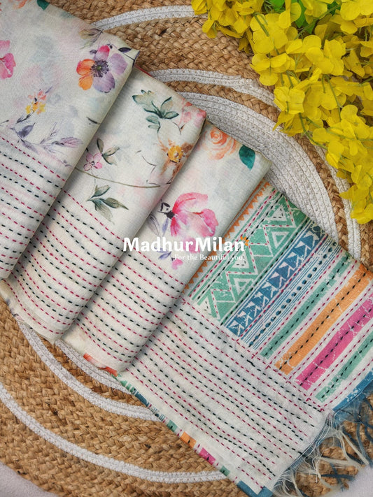 FLORAL KATHA LINE BORDER SEMI TUSSER SILK SAREE CREAM