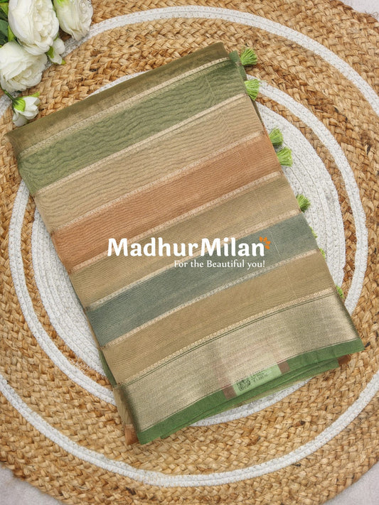 TISSUE ORGANZA STRIPE SAREE DUSTY GREEN GOLD