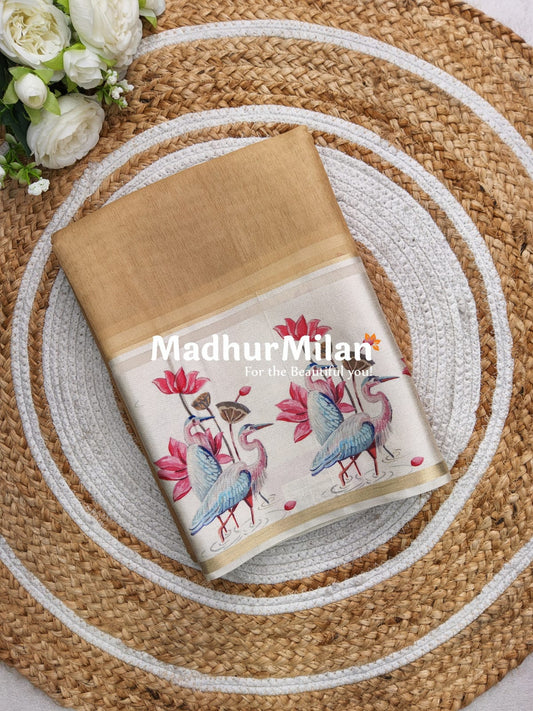 TORA SILK SATIN PRINTED BORDER SAREE DUSTY YELLOW