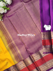 KANCHI BUTTA BENTEX BORDER SAREE YELLOW PURPLE