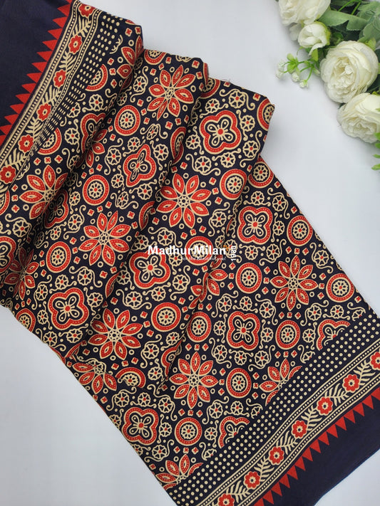 AJRAKH PRINT GAJI MODAL SAREE BLACK