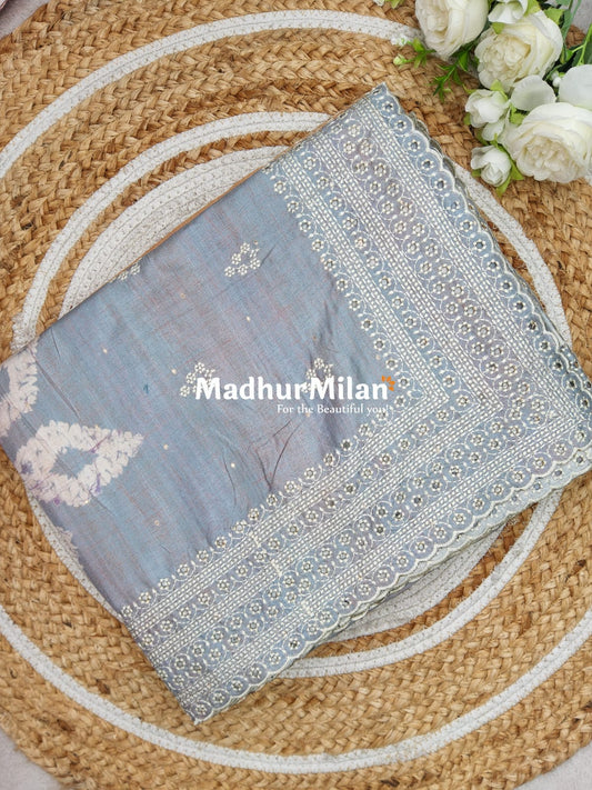 SHIBORI PRINTED BORDER EMBRIODERY SEMI TUSSER SAREE GREY