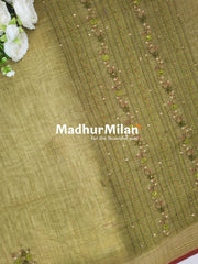 LENIN TISSUE EMBROIDERY WORK SAREE DUSTY GREEN