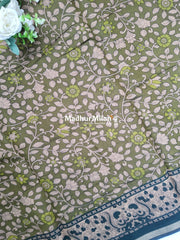 KALAMKARI PRINT KAJU SILK SAREE DUSTY GREEN