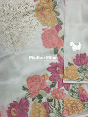 FLOWER EMBROIDERY TISSUE ORGANZA SAREE CREAM