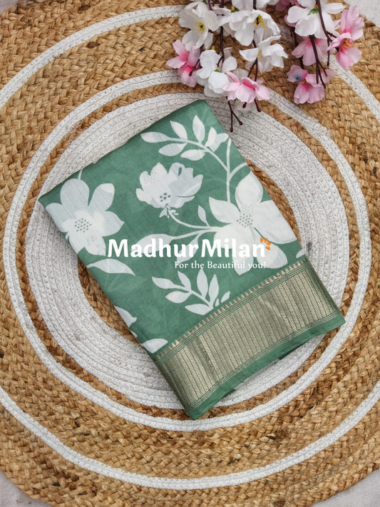 FLORAL PRINT ASSAM SILK SAREE PISTA GREEN