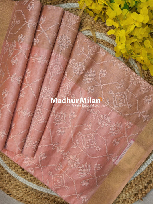 EMBROIDERY KORA SILK COTTON SAREE ONION PINK