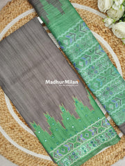 TEMPLE CHANDERI UNSTITCHED SALWAR SUIT GREY GREEN