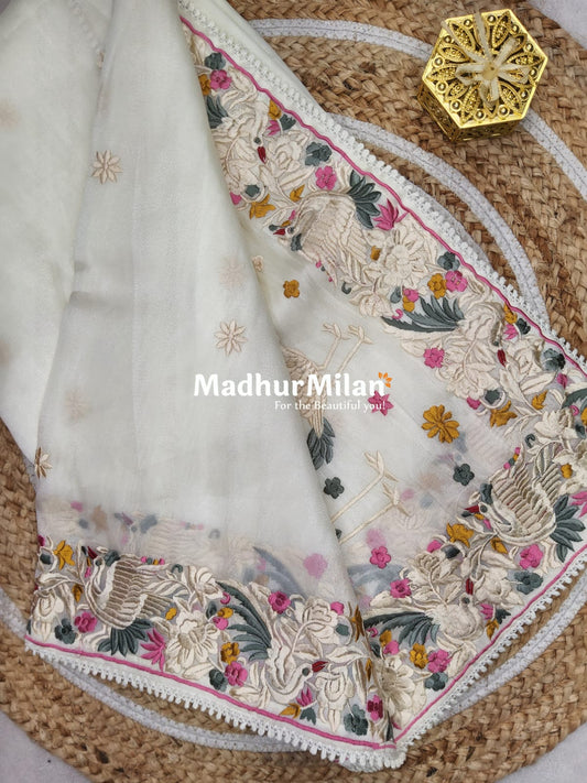 EMBROIDERY BORDER TISSUE ORGANZA SAREE CREAM