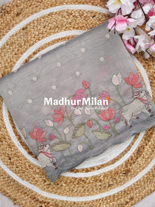 LENIN TISSUE WORK SAREE DUSTY GREY