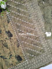 CHANDERI FLAMINGO EMBROIDERY WORK SAREE OLIVE