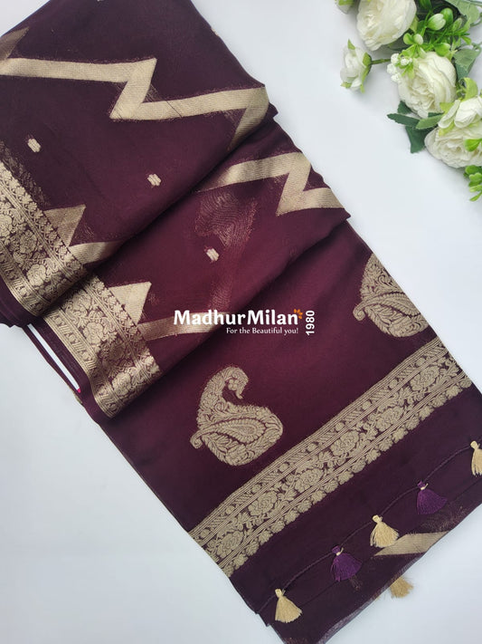 BANARASI ZIG ZAG RUSSIAN CREPE SAREE WINE