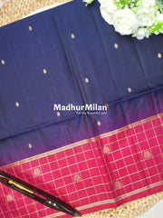 CHECKS BUTTA BORDER SOFT SILK SAREE NAVY BLUE PINK