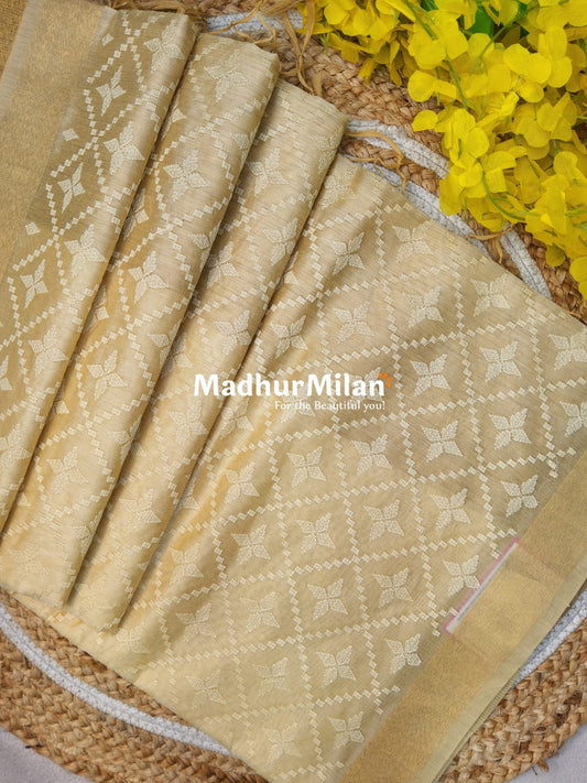 EMBROIDERY KORA SILK COTTON SAREE YELLOW